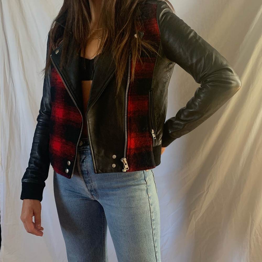 Paige real leather and wool plaid jacket